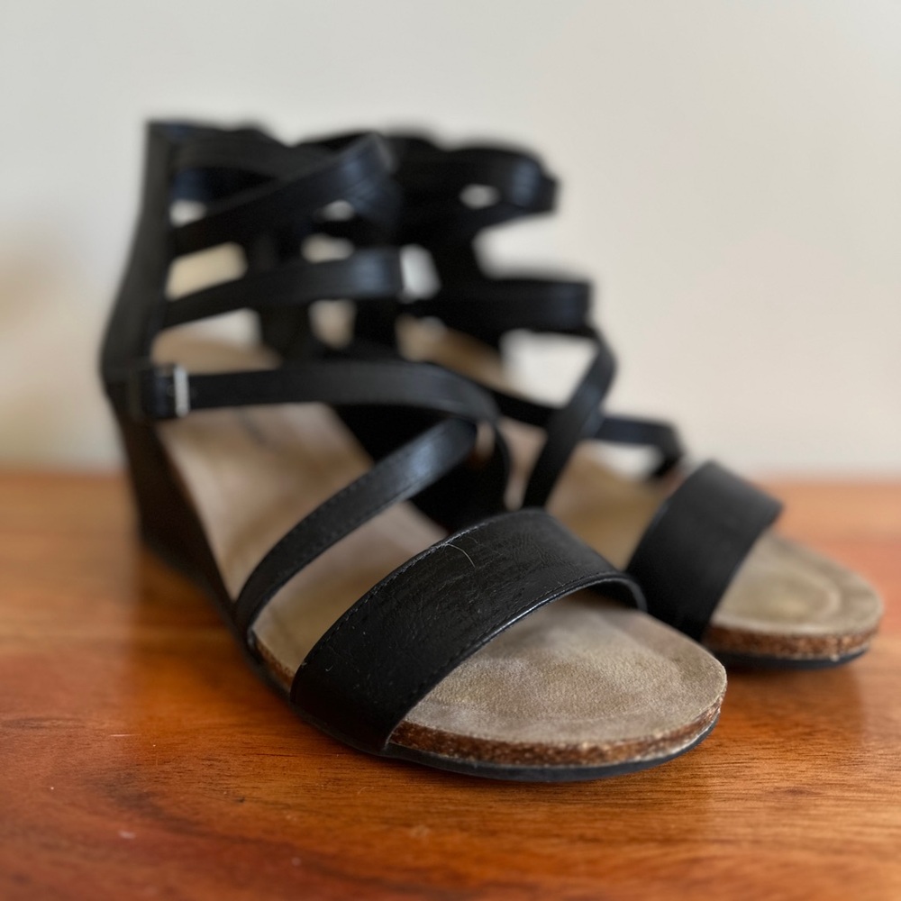 Black Strappy Wedge Sandals